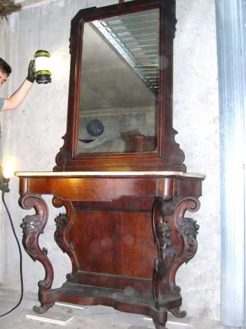 Antica consolle con specchiera Luigi Filippo in legno noce e marmo