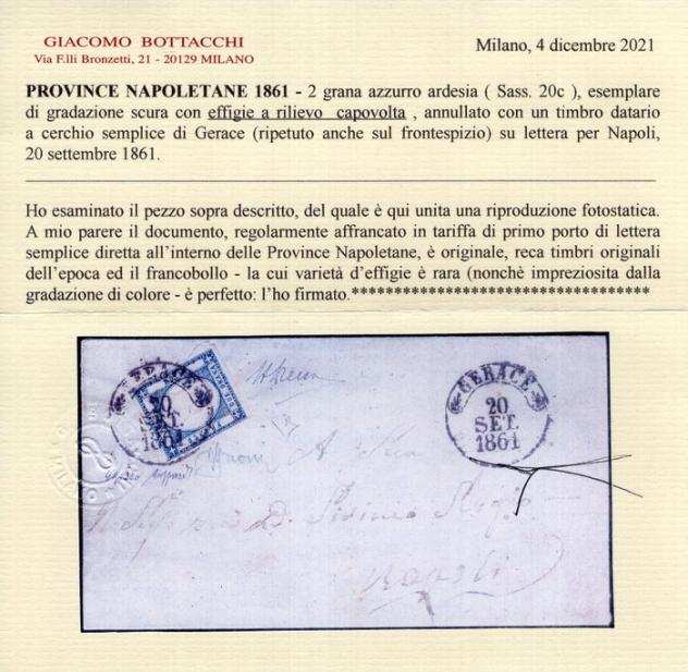 Antichi Stati italiani 1861 - Province Nap. - 2 gr. azzurro ardesia con effigie capovolta, usato su lettera - rarissimo - Sass. Ndeg 20cf