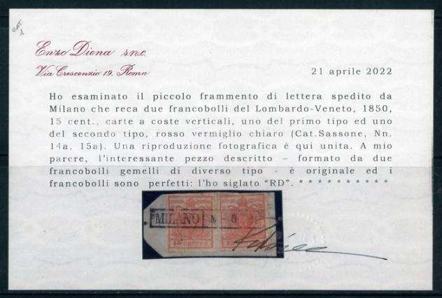 Antichi Stati italiani - Lombardo Veneto - 15 c. su carta a coste I e II tipo, n. 14a  15a, 2 es. Rara combinazione (cert. R. Diena).