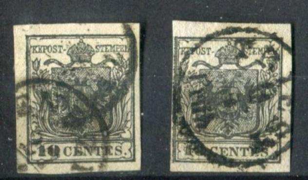 Antichi Stati italiani - Lombardo Veneto 1850 - 10 centesimi carta a mano 2 esemplari di cui 1 con filigrana. - Sassone 2