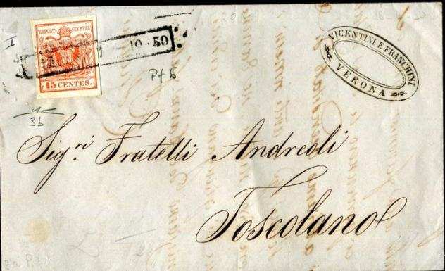 Antichi Stati italiani - Lombardo Veneto 1850 - 15 centesimi prima titratura. - Sassone 3a