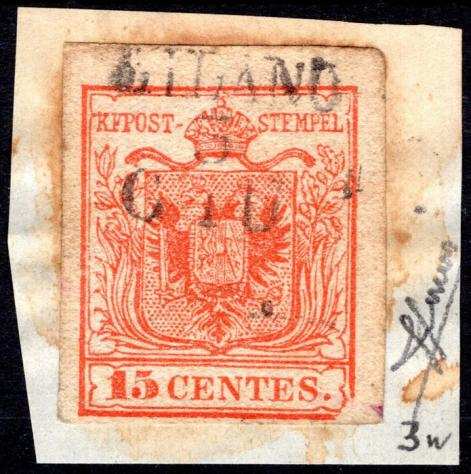Antichi Stati italiani - Lombardo Veneto 1850 - 15c. rosso, usato su frammento nel 3deg giorno duso con la varietagrave angolo inferiore destro tagliato - S