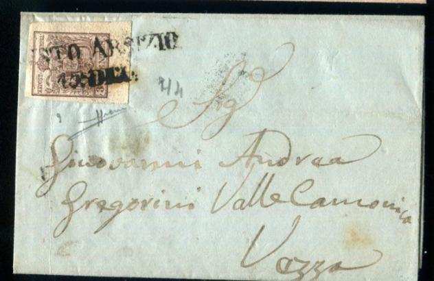 Antichi Stati italiani - Lombardo Veneto 1850 - 4 documenti affrancati 15 e 30 cent con interessanti annulli.