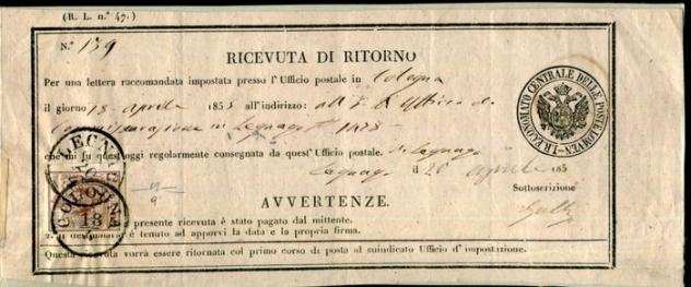 Antichi Stati italiani - Lombardo Veneto 18501855 - 30 centesimi 2deg tipo usato su quotRicevuta di ritornoquot - Sassone 9