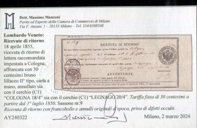 Antichi Stati italiani - Lombardo Veneto 18501855 - 30 centesimi 2deg tipo usato su quotRicevuta di ritornoquot - Sassone 9