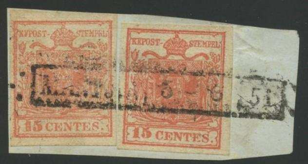 Antichi Stati italiani - Lombardo Veneto 1851 - 15cent rosso vermiglio chiaro e 15cent rosso vermiglio I tipo  II tipo carta a coste verticali su - S