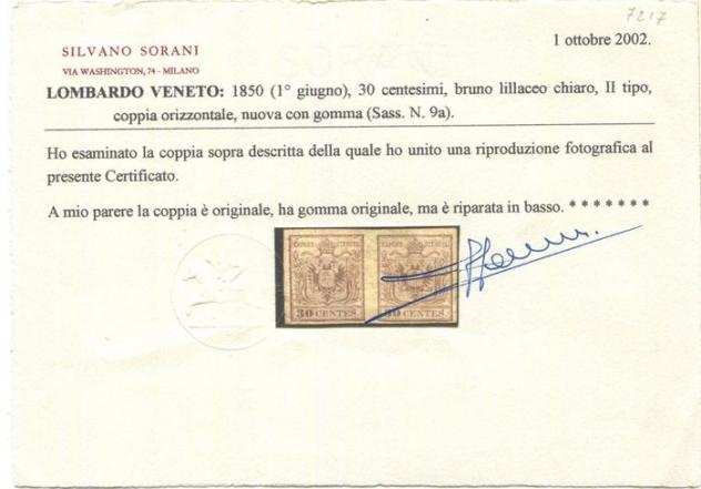 Antichi Stati italiani - Lombardo Veneto 1851 - 45 centesimi bruno lillaceo chiaro. Coppia orizzontale con ampi margini. Certificata Sorani - Sassone