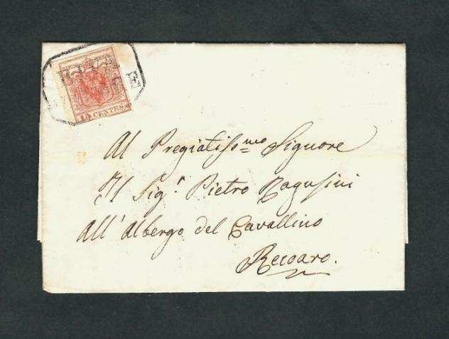 Antichi Stati italiani - Lombardo Veneto 1851 - Lettera da Limone a Recoaro - stemma da 15 c. I tipo - annullamento RIVA VAPORE - P8 - Sassone 3