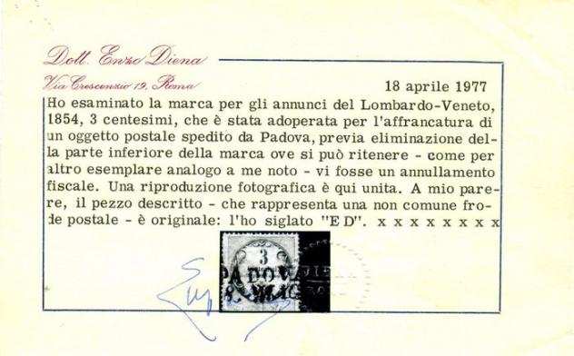 Antichi Stati italiani - Lombardo Veneto 1854 - Rarissima marca per almanacchi da 3 centesimi usata in frode postale, come sempre. Introvabile
