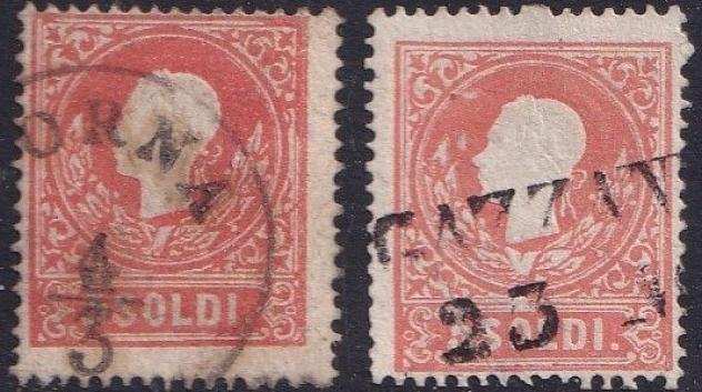 Antichi Stati italiani - Lombardo Veneto 1858 - Due francobolli 5 Soldi Annullo Gazzaniga SD (pt 11) Corna C1 (pt 10) - Sassone N. 25