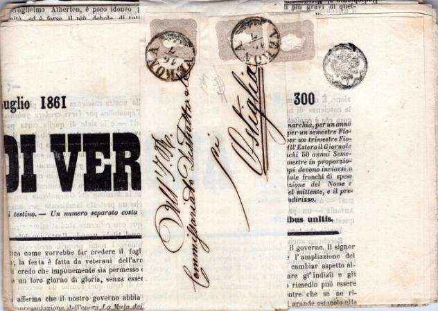 Antichi Stati italiani - Lombardo Veneto 1861 - Tre esemplari del 1,05 s. lilla grigio chiaro, usati su fascetta contenente 3 giornali completi di - S
