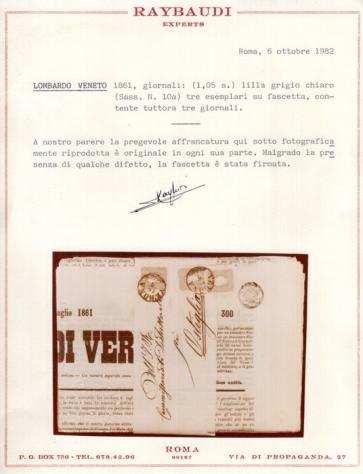 Antichi Stati italiani - Lombardo Veneto 1861 - Tre esemplari del 1,05 s. lilla grigio chiaro, usati su fascetta contenente 3 giornali completi di - S