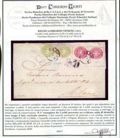 Antichi Stati italiani - Lombardo Veneto 1863 - 5 soldi. due esemplari 3 soldi due esemplari su lettera da Padova a Milano - Sassone 37a, 38.