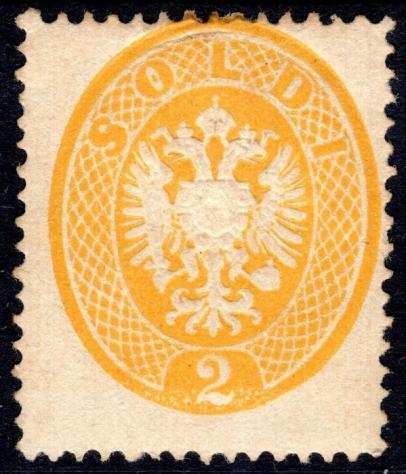 Antichi Stati italiani - Lombardo Veneto 1863 - IVdeg emissione - 2 s. giallo, dentellatura 14, nuovo con gomma originale - ottima qualitagrave - fresco - Sa