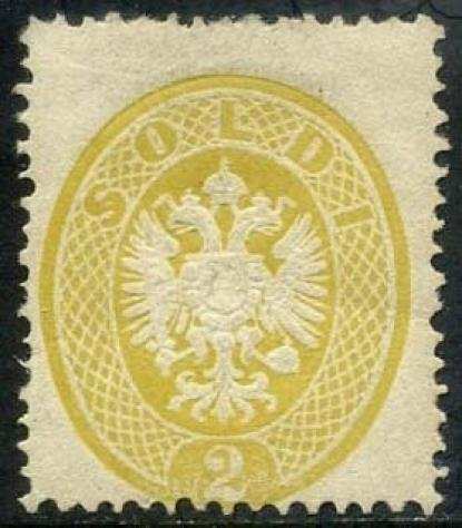 Antichi Stati italiani - Lombardo Veneto 1863 - Stemma, 2 soldi giallo dentellato 14. Integro. Firmato Diena - Sassone 36