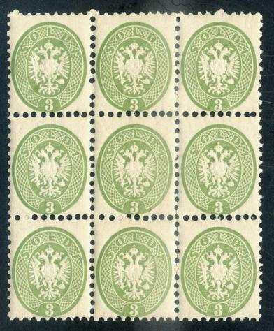 Antichi Stati italiani - Lombardo Veneto 1864 - 3 soldi verde dentellato 9,5. Splendido blocco di 9 esemplari integri - Sassone N. 42