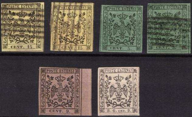 Antichi Stati italiani - Modena 1851 - Lotto di 6 francobolli - Sassone 3 3a 7 P34