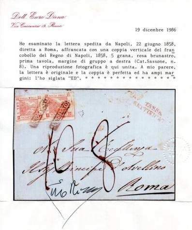 Antichi Stati italiani - Napoli 1858 - 5gr. in coppia con filigrana Giglio completo, usati su busta con quotTassa Rettificataquot da 8 a 12 baj - - Sass. ndeg