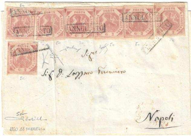 Antichi Stati italiani - Napoli 1860 - Lettera per Napoli in arrivo il 2221860 affrancata con 7 bolli 2 grana rosa carminio - Sassone n. 5d (7 esemp