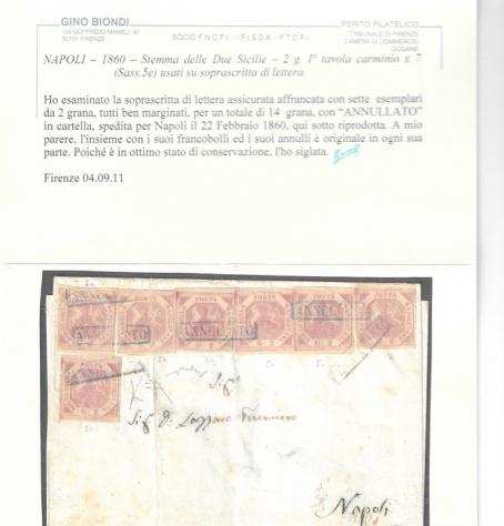 Antichi Stati italiani - Napoli 1860 - Lettera per Napoli in arrivo il 2221860 affrancata con 7 bolli 2 grana rosa carminio - Sassone n. 5d (7 esemp