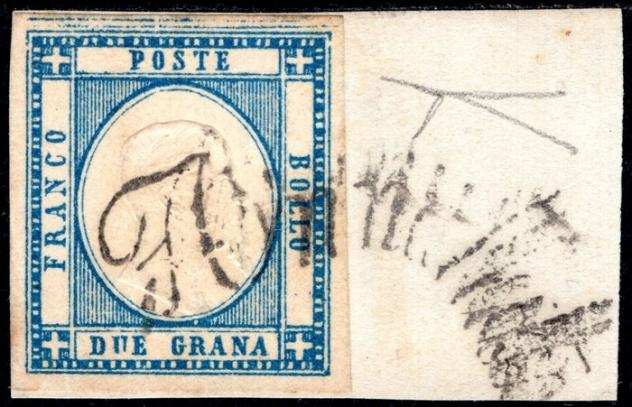 Antichi Stati italiani - Napoli 1861 - 2 gr. azzurro usato su frammento con doppio filetto di inquadratura in alto - Sass. Ndeg 20ka
