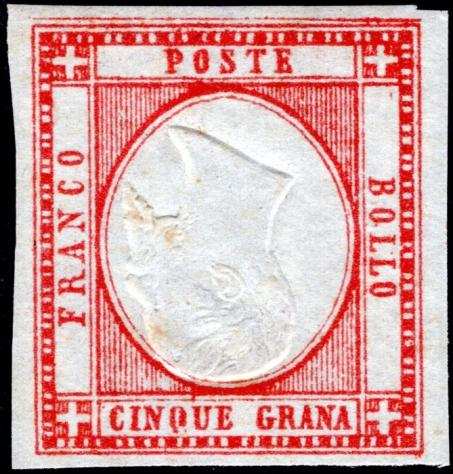Antichi Stati italiani - Napoli 1861 - 5g. rosso carminio nuovo con filetto esterno completo al margine superiore ed effige capovolta  - Sass. ndeg 2