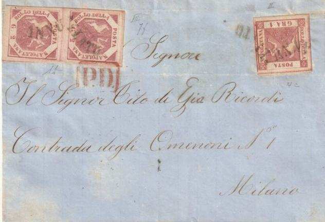 Antichi Stati italiani - Napoli 1861 - Affrancatura di 5 gr su lettera per Milano con annullo a svolazzo - Sassone N. 4c, 7f