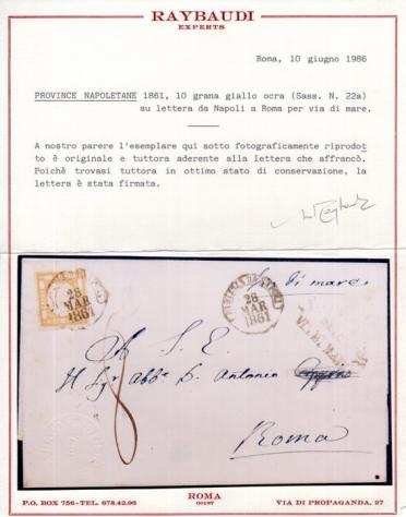 Antichi Stati italiani - Napoli 1861 - C.10 giallo ocra, in uso singolo su lettera da Napoli per Roma - segno 8 di tassazione - Bella e - Sass. ndeg 22a