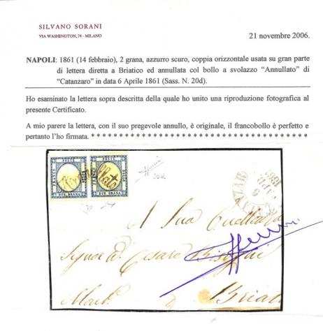 Antichi Stati italiani - Napoli 1861 - lettera diretta a Briatico e annullo con bollo a svolazzo di Catanzaro - Sassone 20d coppia  Annullo 11 punti