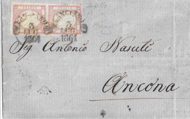 Antichi Stati italiani - Napoli 1861 - lettera spedita da Lanciano il 371861 per Ancona affranca con coppia 5 gr. lilla - Sassone n. 21c raritagrave stim