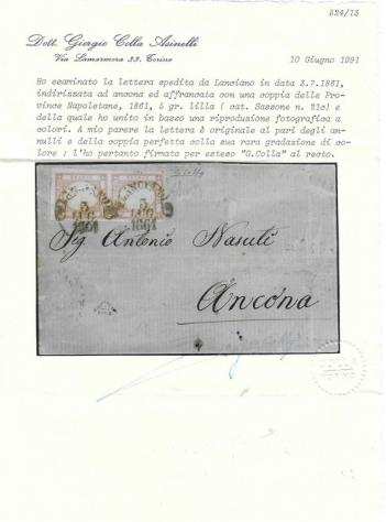 Antichi Stati italiani - Napoli 1861 - lettera spedita da Lanciano il 371861 per Ancona affranca con coppia 5 gr. lilla - Sassone n. 21c raritagrave stim