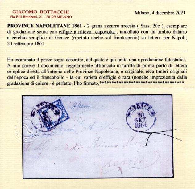 Antichi Stati italiani - Napoli 1861 - Province Napoletane - 2 gr. azzurro ardesia con effigie capovolta, usato su lettera - rarissima - Sass. Ndeg 20c