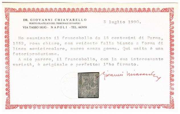 Antichi Stati italiani - Parma 1852 - 15 centesimi 3a nuovo SG con interessante varietagrave - Sassone N. 3a