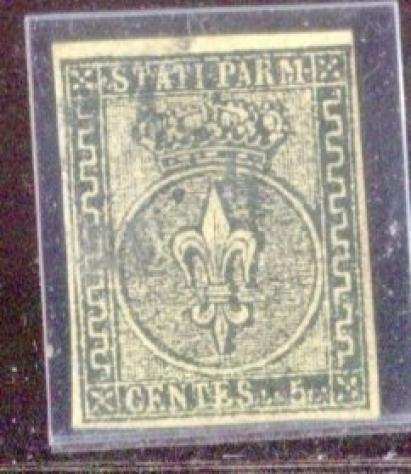 Antichi Stati italiani - Parma 1852 - 5 centesini 1deg emissione nella rara tonalitagrave quotVerdinoquot. - Sassone 1b