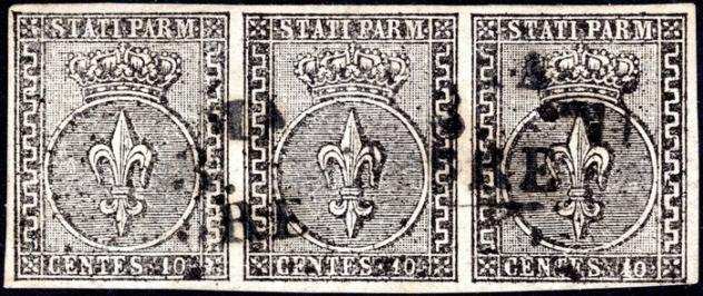 Antichi Stati italiani - Parma 1852 - c.10 su bianco, in striscia orizzontale di 3 con ottimi margini, usata con annullo di Parma - Sass. Ndeg 2