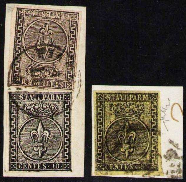 Antichi Stati italiani - Parma 1852 - Giglio borbonico, 3 valori su frammento - Sassone 13