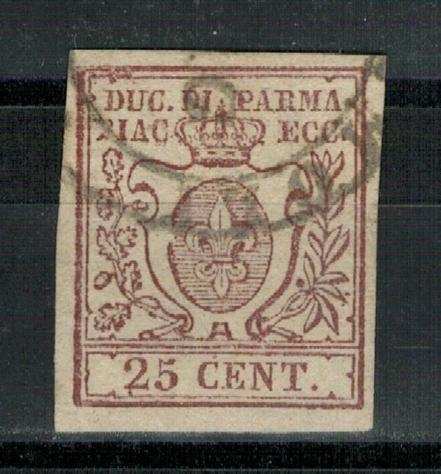 Antichi Stati italiani - Parma 18571859 - Valore da 25c (10) con varietagrave di clicheacute, f.to al retro, annullato. - Sassone 2024