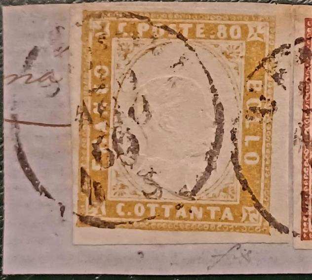 Antichi Stati italiani - Sardegna 1850 - 80 cent su frammento - Sassone