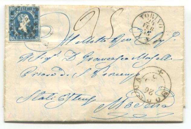 Antichi Stati italiani - Sardegna 1851 - 20 cent. I emissione isolato su lettera da Torino a Modena con ritocco - sassone 2