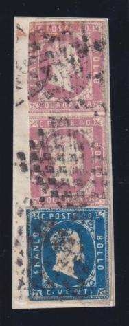 Antichi Stati italiani - Sardegna 1851 - Prima emissione, cat. Euro 21,600 - VEII 20c azzurro, 40c rosa coppia verticale su frammento