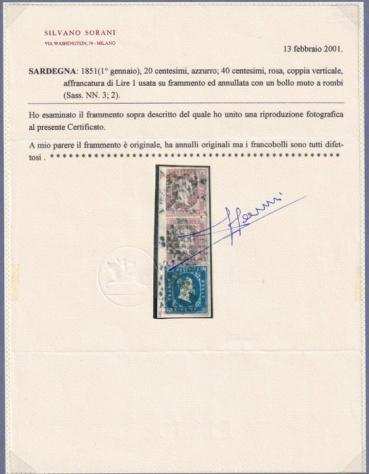 Antichi Stati italiani - Sardegna 1851 - Prima emissione, cat. Euro 21,600 - VEII 20c azzurro, 40c rosa coppia verticale su frammento