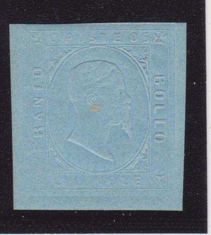 Antichi Stati italiani - Sardegna 1853 - 5cent,II emissione,SAGGIO Matraire, in azzurro chiaro, su cartoncino, certificato Sorani - Sassone n.4 (saggi