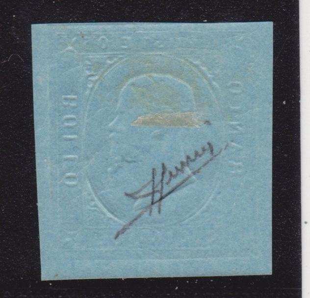 Antichi Stati italiani - Sardegna 1853 - 5cent,II emissione,SAGGIO Matraire, in azzurro chiaro, su cartoncino, certificato Sorani - Sassone n.4 (saggi