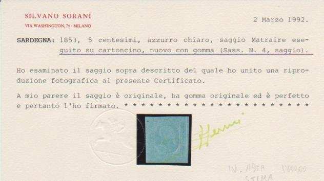 Antichi Stati italiani - Sardegna 1853 - 5cent,II emissione,SAGGIO Matraire, in azzurro chiaro, su cartoncino, certificato Sorani - Sassone n.4 (saggi