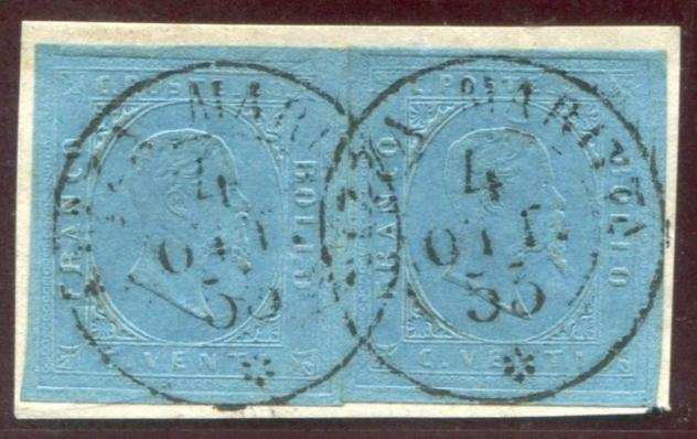 Antichi Stati italiani - Sardegna 1853 - Frammento con 2 es splendidi usati a Nizza Marittima spl - sassone 5