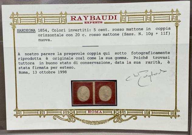 Antichi Stati italiani - Sardegna 1854 - non emessi coppia 5 cent e 20 c. colori invertiti - Sassone 10g  11f