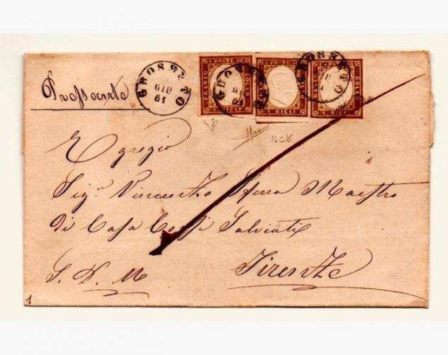 Antichi Stati italiani - Sardegna 1855 - 10 cent bruno cioccolato chiaro, tre esemplari su lettera da Grosseto a Firenze - sassone 14Ck
