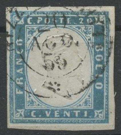 Antichi Stati Italiani - Sardegna 1855 - 20 centesimi celeste chiaro usato - splendido - Sorani, Cardillo, Raybaudi - Sassone n. 15g