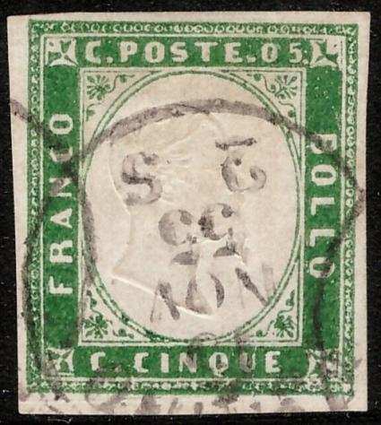 Antichi Stati italiani - Sardegna 1855 - 5 c verde pisello vivace Torino 13 novembre 55 - Sassone N. 13c Rattone 3c