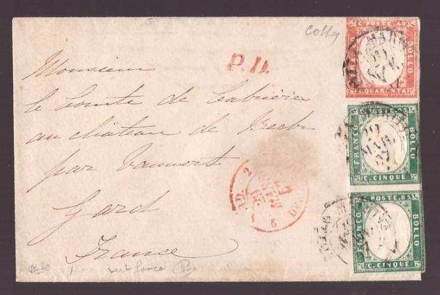 Antichi Stati italiani - Sardegna 18551857 - lettera da Nizza Marittima, coppia 5 c. verde smeraldo giallastro e 40 c. vermiglio arancio chiaro - Sas
